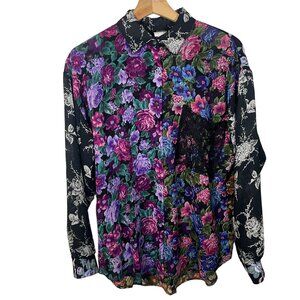 Vintage 90s Judy Knapp Mixed Floral Lace Blouse Women S Black USA Long Sleeve